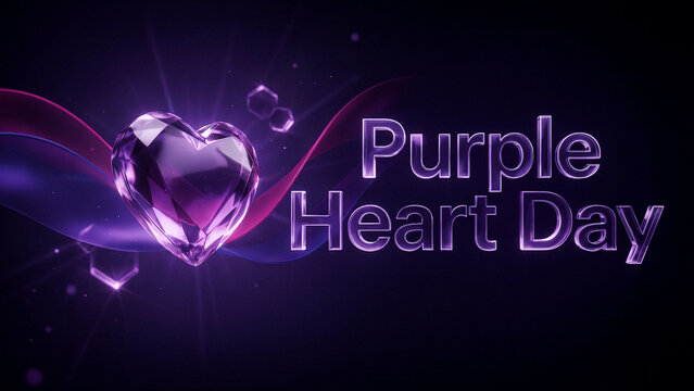 Purple heart shaped diamond on ribbon for Purple Heart Day