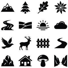 Obraz premium Natural landscape and wildlife mountain scenery black silhouette icons set