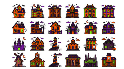 Naklejka premium Spooky Haunted House Vector Icon Set with Castles Churches Windmills and Lighthouses