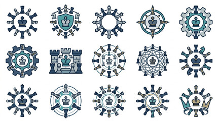 Collection of Chess Pieces and Crowns in Circular Designs. © ti