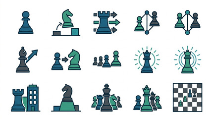 Collection of Chess Pieces and Game Elements Icons. © ti