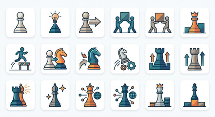 Collection of Chess Pieces and Strategy Icons. © ti