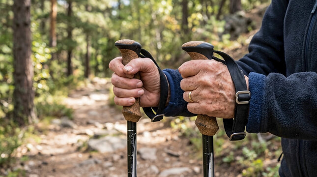 Senior hiking poles gripped firmly by hands on a forest path, showcasing active hands using walking sticks for support. Senior hiking poles ensure stability. 