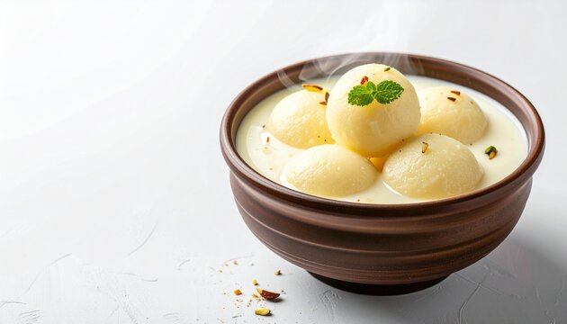 Steaming bowl of rasmalai dessert with warm milk effects, traditional Indian sweet presentation, clean white background, copy space
