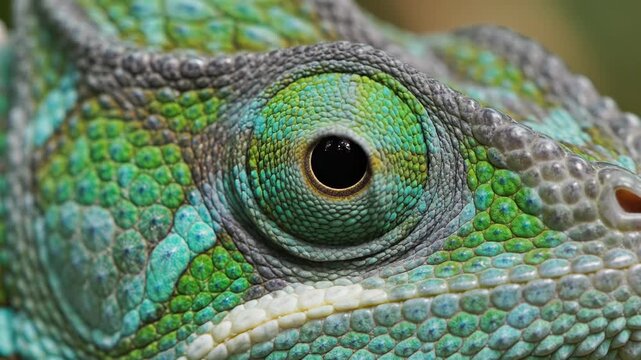 A vibrant green panther chameleon reveals its uniquely textured skin and fascinating ocular anatomy while observing the surrounding environment with a steady gaze during a sunny day