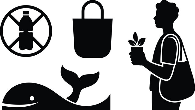 A set of black featuring a no plastic bottle sign, a reusable shopping bag, a whale, and a person carrying a plant in a reusable bag