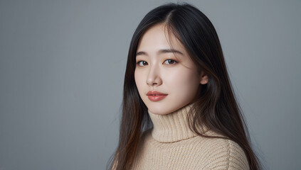 Fototapeta premium サンドベージュのタートルネックを着て穏やかな表情の日本人女性
