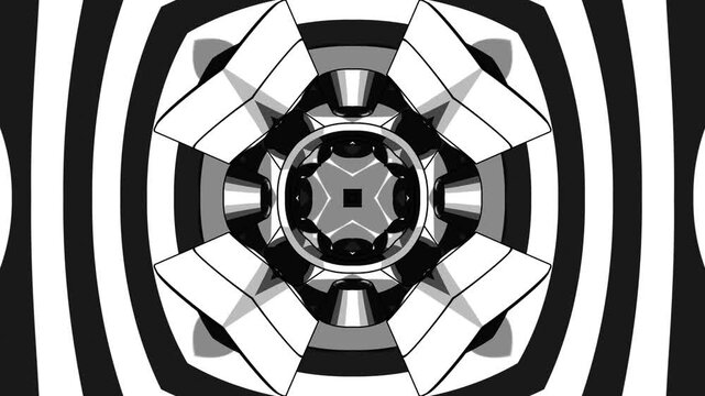 Black and White Symmetrical Kaleidoscope Texture with Bold Graphic Geometry and Abstract 3D Cartoon Forms for Multimedia Projects