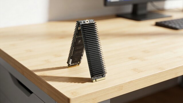 Two High-Speed NVMe M.2 SSDs with Heatsinks Standing on a Wooden Desk for Modern PC Storage