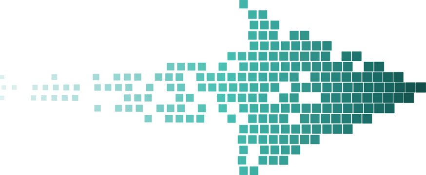 Teal pixel arrow dissolving into digital data stream against white background