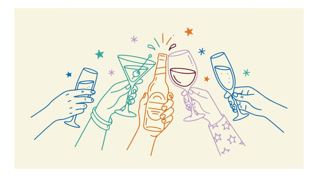 Celebration toast vector illustration, diverse hands clinking drink glasses and beer bottle, festive party cheers, happy hour graphic resource for events and social gatherings