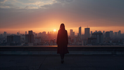 Fototapeta premium 夕焼けの屋上を歩く日本人女性の後ろ姿写真