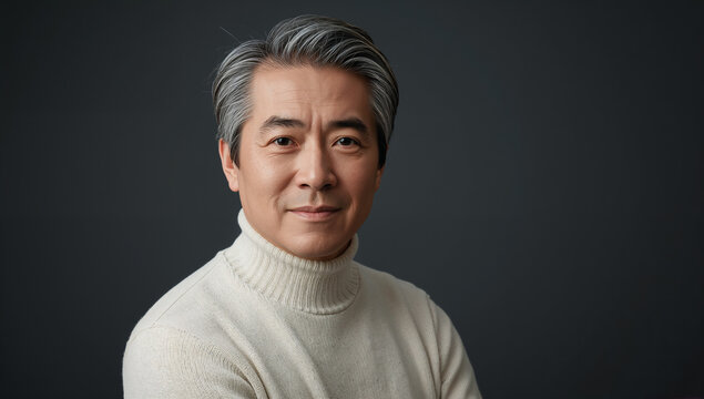 オフホワイトのタートルネックを着て知的な微笑みを浮かべる日本人男性