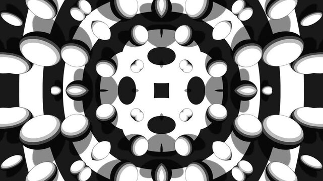 Seamless Black and White Kaleidoscope Loop with Abstract Geometric Pattern and Stylized Cartoon 3D Elements for Motion Graphics