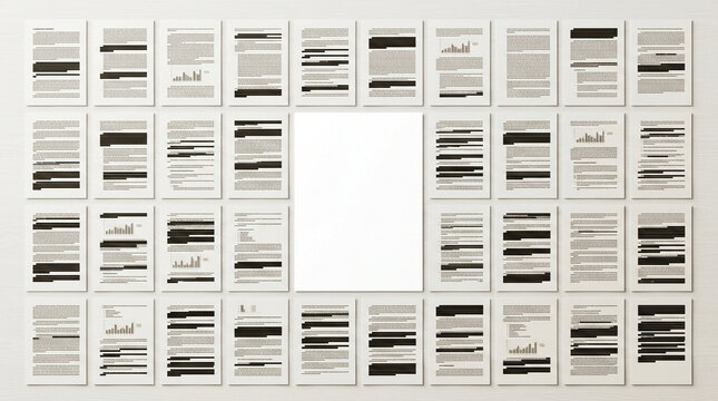 Redacted documents with one blank page. Confidential files with censored text and copy space.