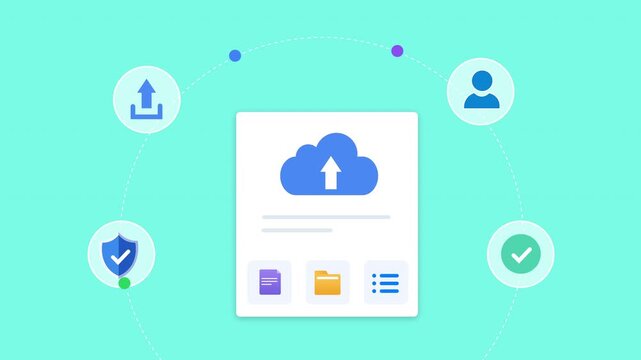 Animated flat vector motion graphic featuring an AI cloud storage dashboard with upload, user, security, and verification icons. Ideal for cloud computing, file management, and artificial intelligence
