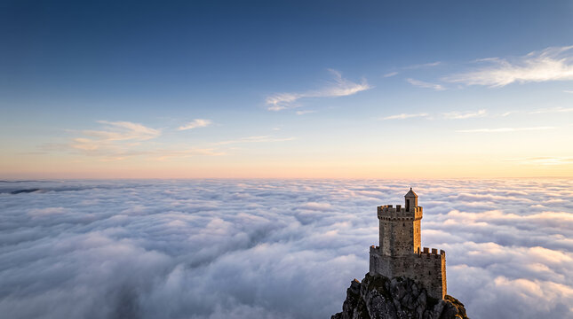 Stone castle tower on a rocky peak rising above a sea of clouds