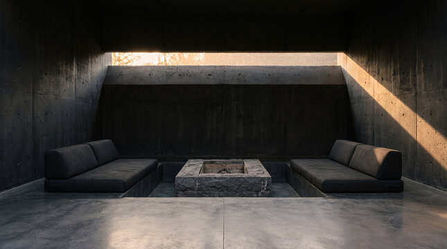 Sunken concrete lounge with stone fire pit and low sofas at dusk