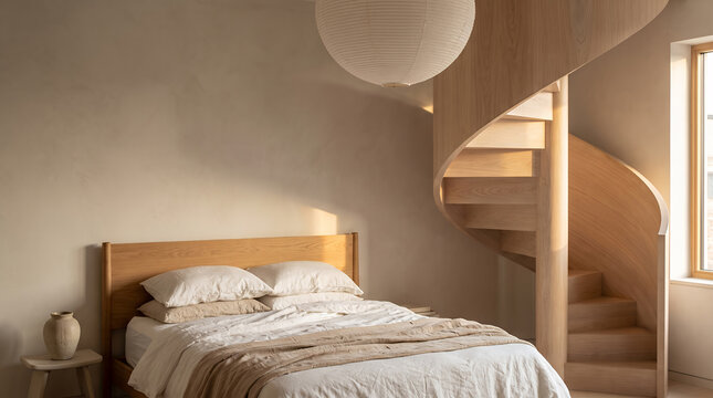 Warm minimalist bedroom with wooden spiral staircase and linen bedding