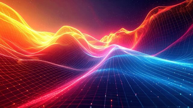 Abstract landscape of glowing, colorful gridlines, depicting data flow
