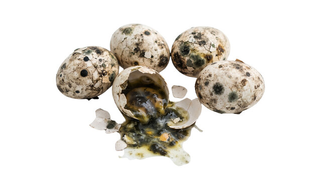 Rotten quail eggs with black mold, spoiled cracked egg with oozing liquid, group of expired speckled eggs on white background
