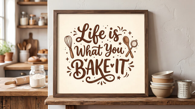 Wooden framed wall art piece featuring elegant brown hand lettering that says life is what you bake it with beautiful kitchen utensil illustrations displayed perfectly on a rustic wooden shelf