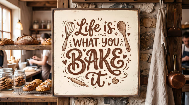 Rustic wooden wall sign featuring beautiful hand lettering that says life is what you bake it decorated with illustrations of a whisk and wooden spoon inside a cozy bakery shop.