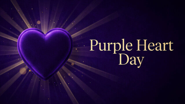 Purple Heart Day, heart shaped box on purple background with rays