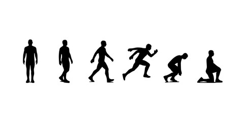 Obraz premium Silhouette Figures in Sequential Motion From Standing to Kneeling Featuring Walking, Running, Movement with Human and People