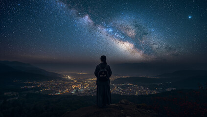 Obraz premium 山の展望台から星空の町を見下ろす日本人女性の写真