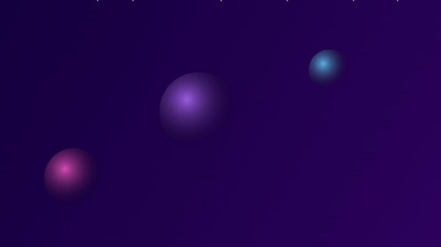 Minimalist digital art featuring three glowing orbs of pink, purple, and cyan hues floating in a dark, solid violet space background, creating a simple abstract composition.