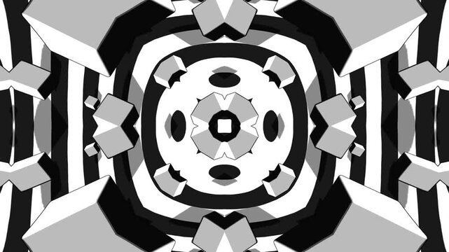 Black and White Kaleidoscope Motion Background with Graphic Geometric 3D Forms High Contrast Cartoon Style Pattern for Modern Visual Communication