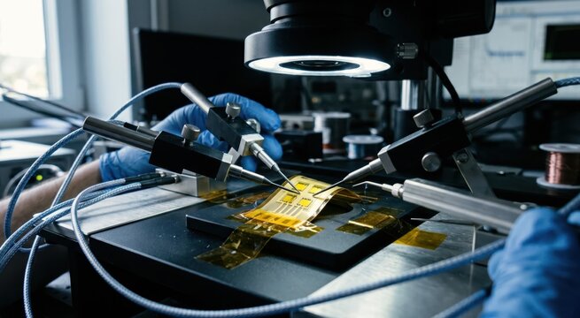 Close-up in a semiconductor test lab, a researcher probes a flexible transistor chip under a microscope using micromanipulators, fine cables, and encapsulation tape, with matte black sample holders