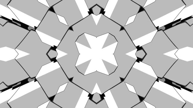 Abstract Monochrome Geometric Kaleidoscope Texture with Symmetrical Cartoon Inspired 3D Elements Seamless Motion Background for Digital Media