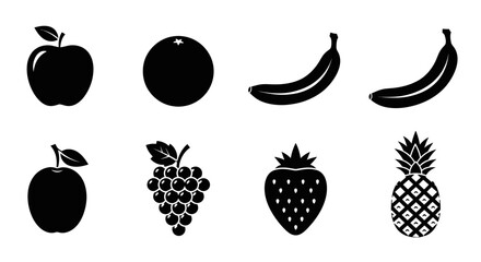 Collection of black silhouette icons representing various fruits including apple orange bananas grapes strawberry and pineapple on a white background © Pabitra