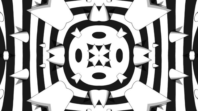 Black and White Abstract Kaleidoscope Animation with Bold Geometric Mosaic Pattern Inspired by Cartoon Style 3D Shapes for Creative Backgrounds