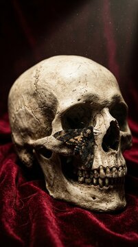 Death Head Moth on Human Skull, Halloween Still Life