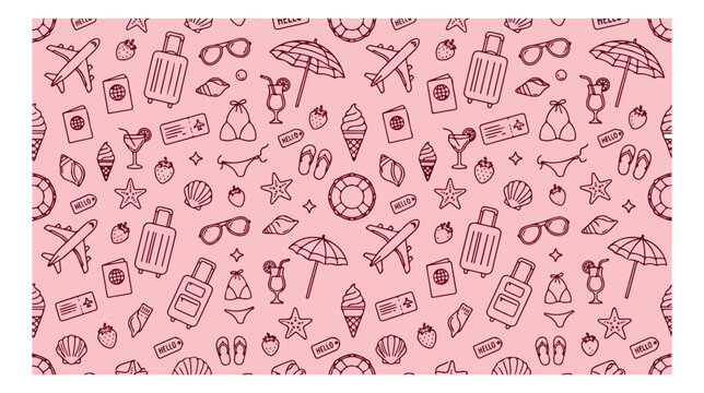 Summer travel seamless pattern, pink background with vacation icons, holiday adventure vector illustration. Beach essentials, luggage, airplane, passport, and cocktail elements for web or print.