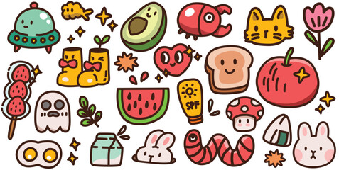Obraz premium Cute Funny Doodle Sticker Set Vector Illustration, Hand Drawn Cool Random Badges Element Collection Isolated on White Background