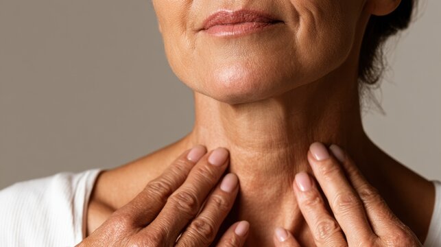 Close-up of mature woman touching neck showing skincare or health concern with soft natural lighting and neutral background
