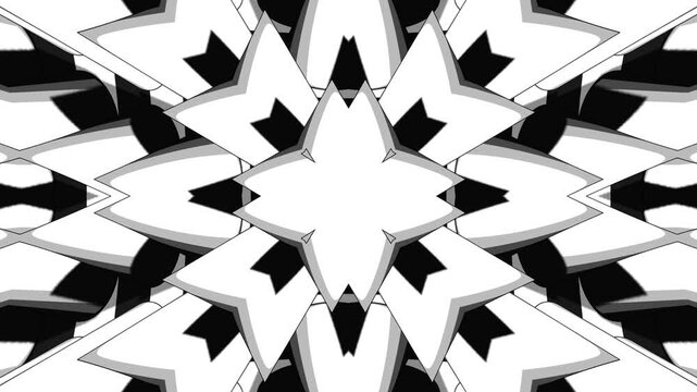 Monochrome Kaleidoscope Pattern with Abstract Geometric 3D Cartoon Forms Dynamic Symmetrical Motion Background for Branding and Multimedia Projects