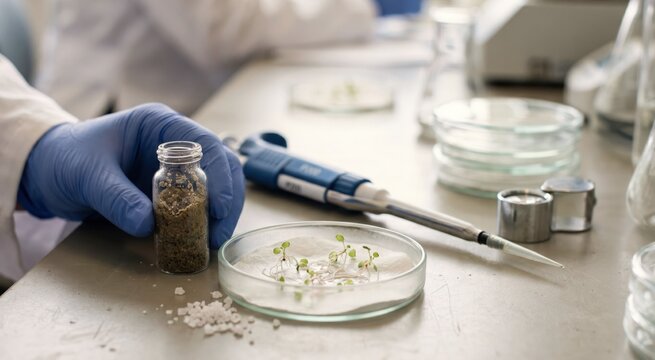 A researcher in nitrile gloves places a saline soil sample beside tiny root seedlings and a pipette on a lab bench, with petri dishes, a magnifying loupe.
