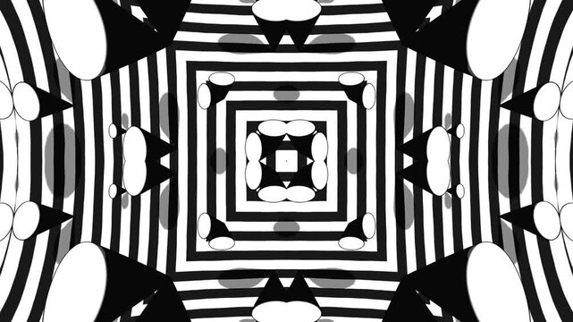 Abstract Black and White Kaleidoscope Background with Cartoon Style Geometric 3D Shapes Seamless Symmetrical Pattern for Motion Graphics Digital Design and Creative Visual Content