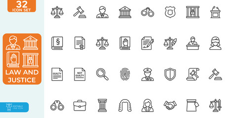 Fototapeta premium law and justice Vector illustration line editable Icons set. featuring justice, ethics, courthouse, lawyer, prison cell, and legal documents. legal and judicial services. on white background.