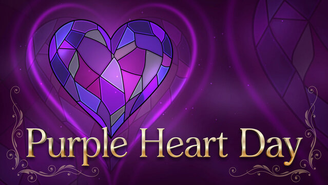 Purple Heart Day stained glass heart with gold text on purple background