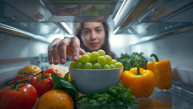 Healthy Lifestyle Concept: Woman Reaching for Fresh Green Grapes in an Organized Refrigerator Filled with Organic Vegetables