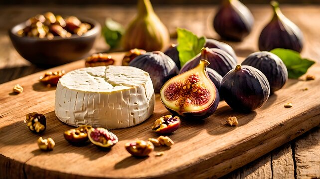 Commercial Culinary Photography Of Assorted Gourmet Cheeses With Walnuts Rosemary And Rustic Wooden Background
