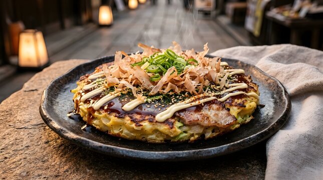 Okonomiyaki Japanese savory pancake with bonito flakes and mayo drizzle, lantern-lit street food