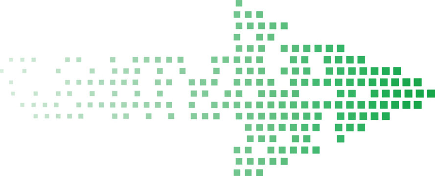 Digital arrow formed from green pixels moving forward against a white background symbolizing progress and data