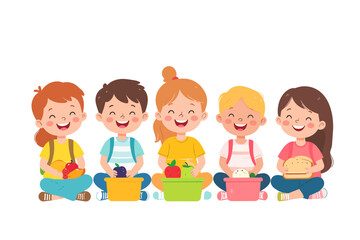 Fototapeta premium Happy School Children Eating Healthy Lunch Together, Nutrition Vector Illustration